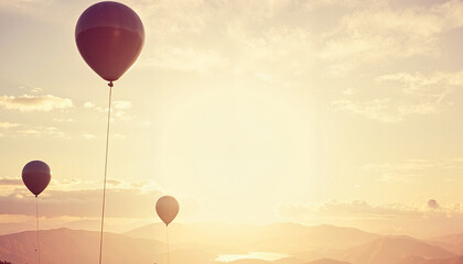 Serene landscape with floating balloons against a soft sunset backdrop.