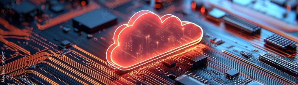 Poster futuristic cloud computing concept with digital circuit board and neon glow for technology imagery