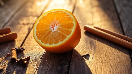 Sunlit orange half with cinnamon sticks and star anise on rustic wood. - Powered by Adobe