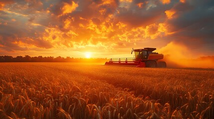 Fototapeta premium Sunset Wheat Harvesting with Combine Harvester in Golden Field design, Summer Agriculture Scene, Rural Farm Landscape design,