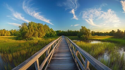 Fototapeta premium Serene wooden bridge over a swamp at sunrise, leading to an open field with green grass and trees, showcasing a summer landscape under a blue sky. Wide-angle perspective of a tranquil natural scene.