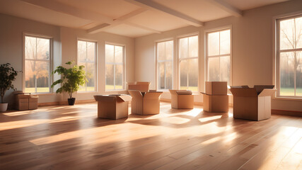 Fototapeta premium A spacious, empty living room in a modern house with large windows and wooden floors. Sunlight streams through the windows, casting soft shadows. A few scattered moving boxes suggest a fresh start.