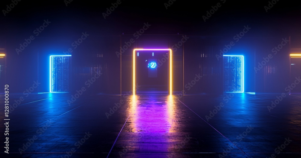 Poster a 3d rendering of a futuristic, abstract concrete room filled with diverse glowing neon lights and r