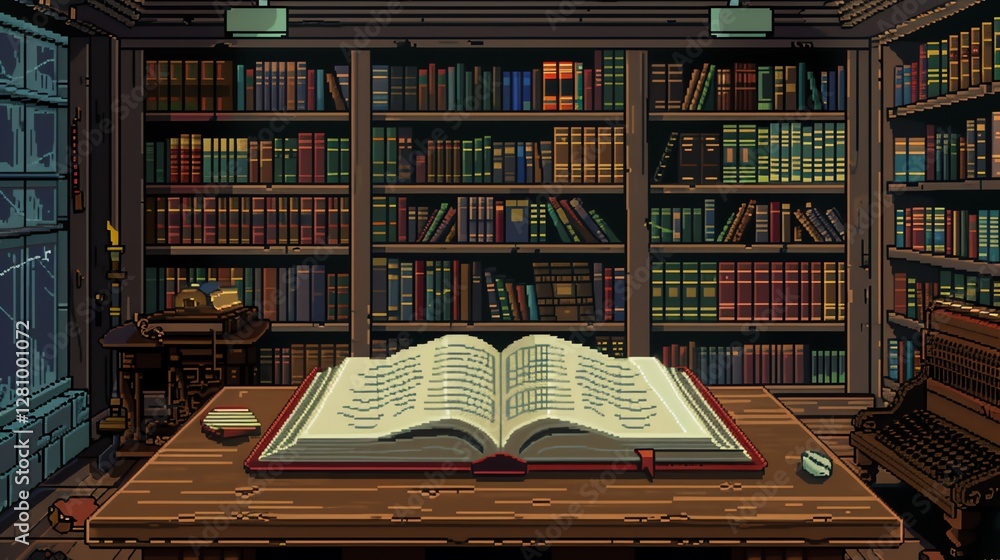 Poster a pixel art illustration of a library with a large open book on a table.