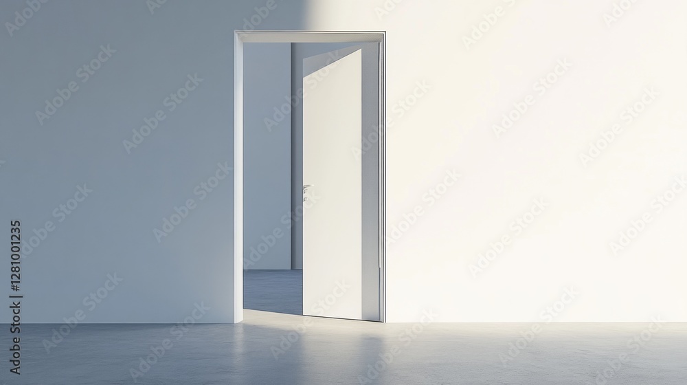 Poster a softly illuminated open door stands in a pristine white room, casting gentle shadows. the inviting