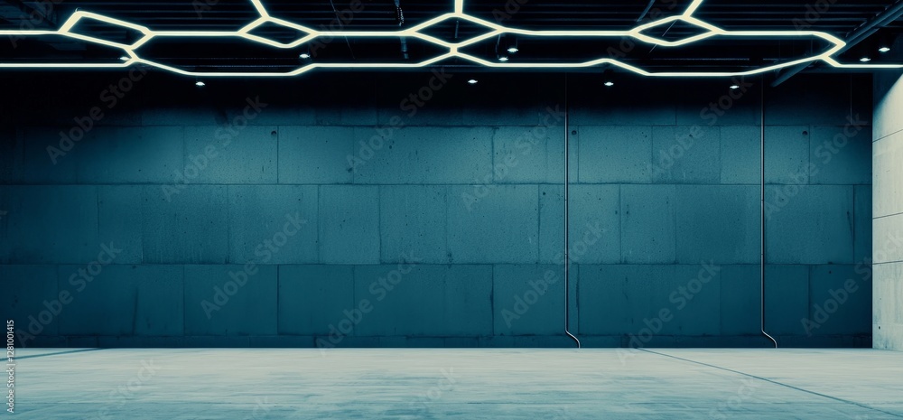 Aufkleber a 3d rendering of a futuristic underground room made of concrete, featuring hexagonal white lights o