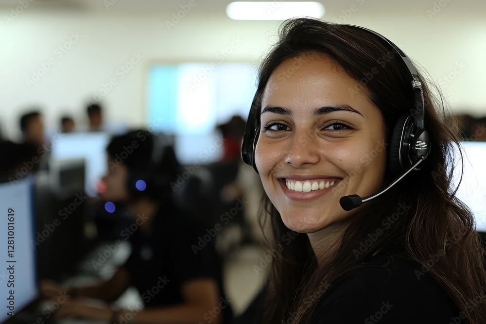 Poster a female call-center agent with a friendly smile and a headset assists customers on a support hotlin