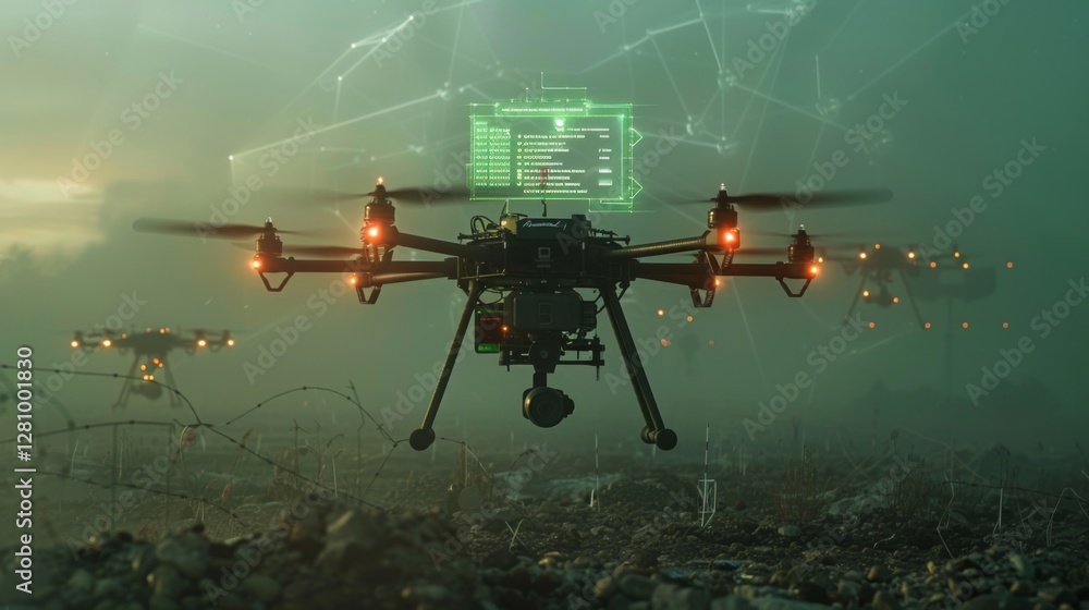 Aufkleber drones equipped with technology are flying over a rugged landscape shrouded in fog, performing surve