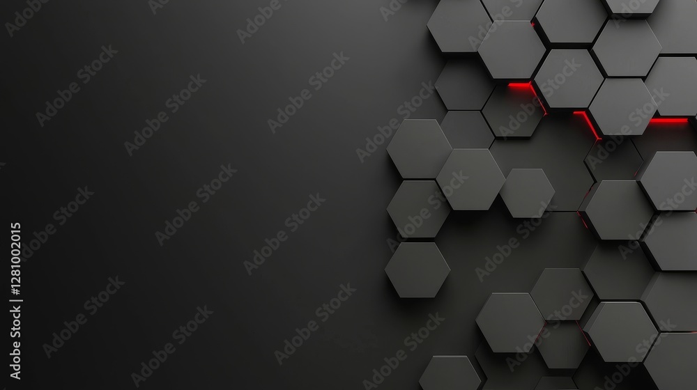 Poster a hexagonal technological backdrop illuminated by red neon lights
