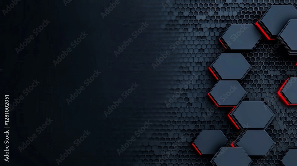 Poster a technological background with a hexagonal design is illuminated by red neon