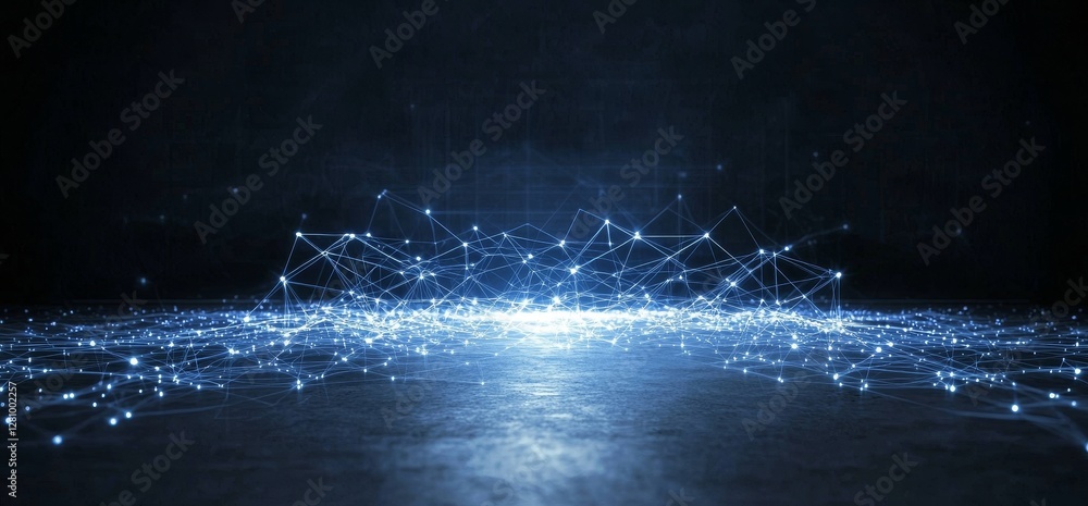 Poster a 3d rendering of a futuristic sci-fi room with a dark and empty atmosphere, featuring blue neon glo