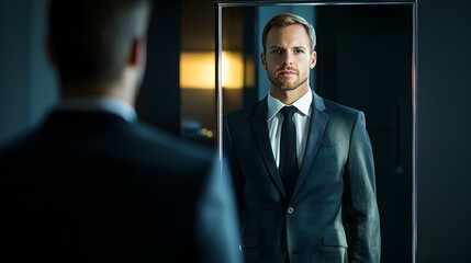 Confident Businessman Staring Into Mirror in Modern Environment