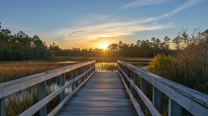 Naklejka premium Serene wooden bridge over a swamp at sunrise, leading to an open field with green grass and trees, showcasing a summer landscape under a blue sky. Wide-angle perspective of a tranquil natural scene.