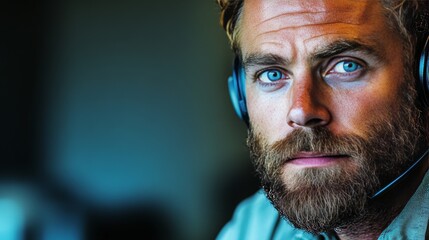 Bearded man in headset looks serious.