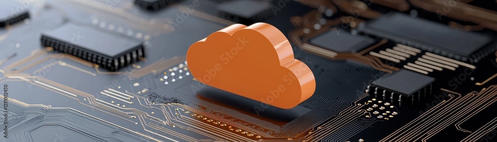 Poster cloud computing concept with orange cloud symbol on circuit board background for digital technology 