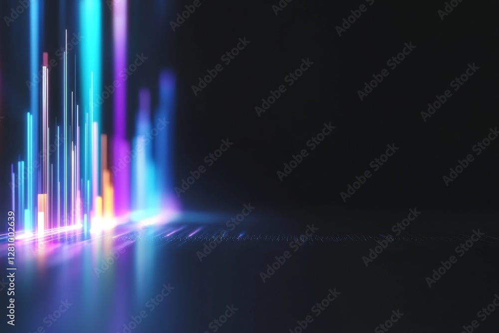 Poster a 3d rendering illustration featuring abstract blue and purple neon light shapes set against a black