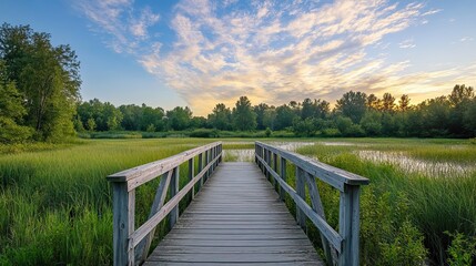 Fototapeta premium Serene wooden bridge over a swamp at sunrise, leading to an open field with green grass and trees, showcasing a summer landscape under a blue sky. Wide-angle perspective of a tranquil natural scene.