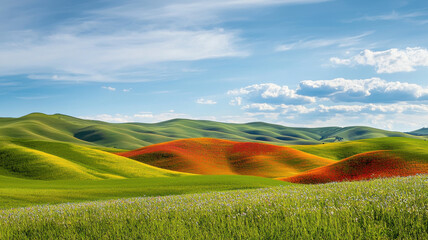 Obraz premium scenic view of rolling hills with vibrant green and orange fields under blue sky. landscape evokes sense of tranquility and beauty