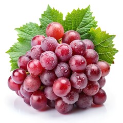 Fototapeta premium Small bunch of red table grape with grape leaves covered with water drops isolated on white background. 