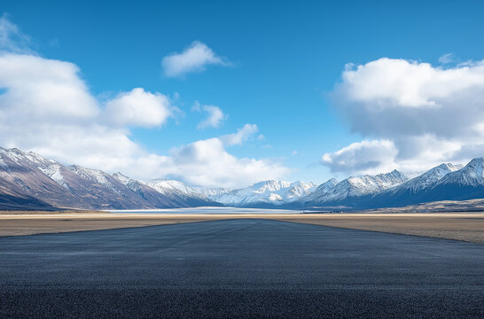 A wide, flat expanse of land with snow-capped mountains in the background, a blue sky, and white clouds