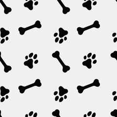 Dog Paw Seamless pattern. Dog footprint and bone repeating pattern. Black and white pattern with dog tracks and bone