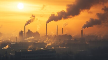 Obraz premium Industrial skyline at sunset with smokestacks and emission clouds