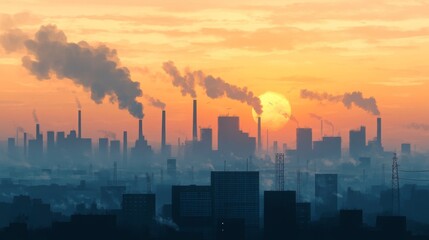 Fototapeta premium Industrial cityscape at sunset with smokestacks and dense smog pollution