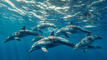 Naklejka premium Graceful Dolphins Swimming Underwater in Crystal Clear Ocean Water