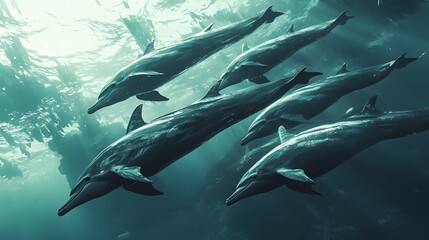 Naklejka premium Group of Dolphins Swimming Gracefully Underwater in Ocean Light