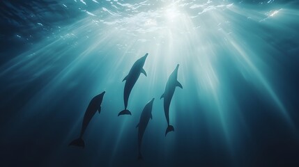 Obraz premium Graceful Dolphins Swimming Under Water with Sunlight Rays Above