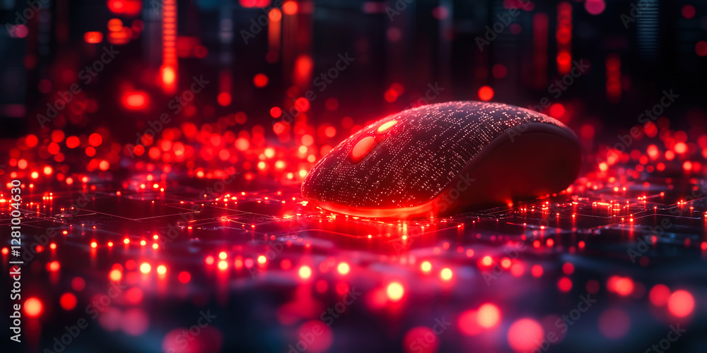 Poster futuristic ai gaming mouse in tech-inspired red neon environment illustrating advanced multifunction