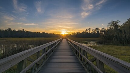 Serene wooden bridge over a swamp at sunrise, leading to an open field with green grass and trees, showcasing a summer landscape under a blue sky. Wide-angle perspective of a tranquil natural scene.