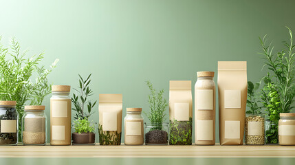 Ethical product packaging design with biodegradable materials, fair trade labels, and green branding, vector art, copy space