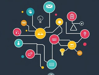 Interconnected circular icons; network concept.