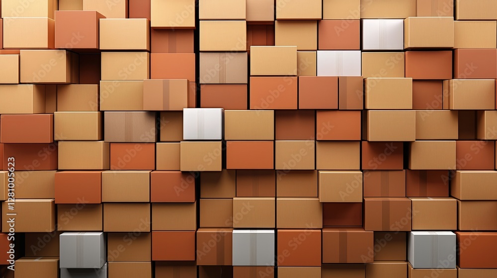 Poster a textured wall made of stacked boxes in various shades of brown, with a few metallic boxes interspe
