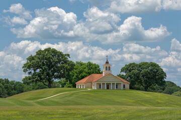 A small white church sits on a hill in a grassy field