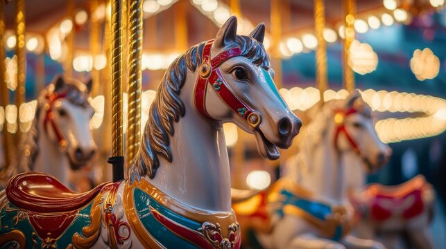 Bright vintage carousel horses in amusement park at night with glowing lights - Powered by Adobe