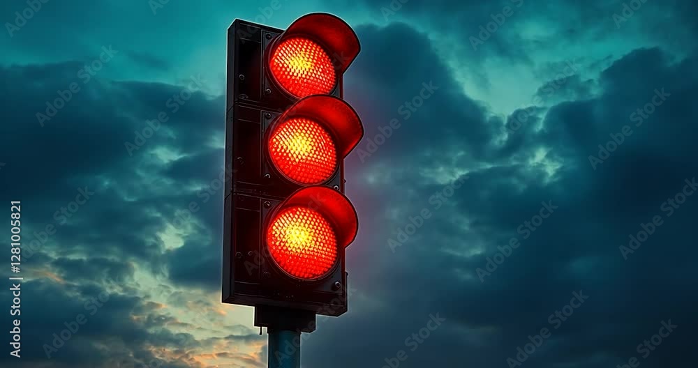 Poster a red traffic light is illuminated against a dramatic twilight sky. the dark clouds suggest a potent