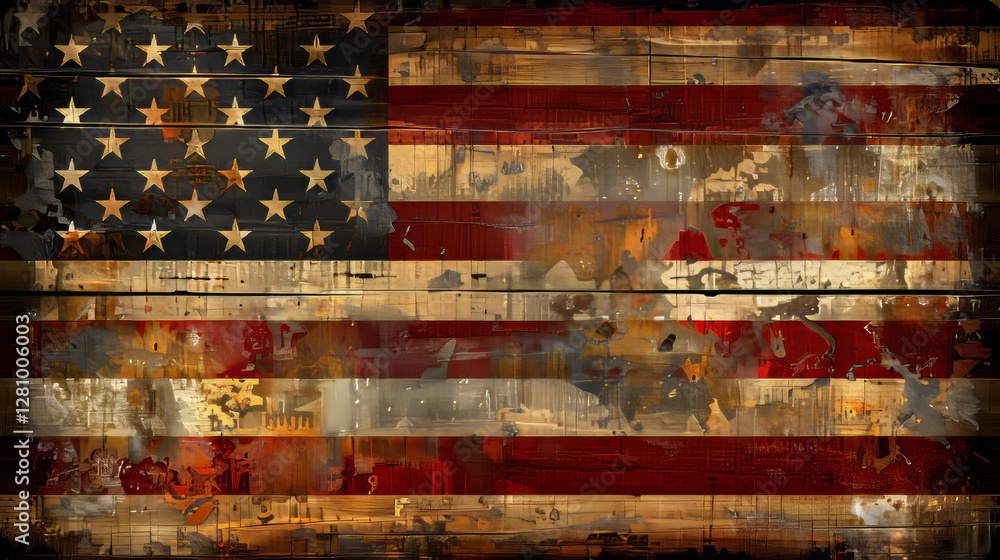 Poster us flag superimposed on financial chart in a tech inspired grunge style with grid pattern