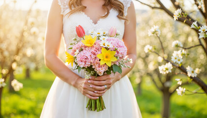 Naklejka premium Bride holding spring wedding bouquet in blooming orchard