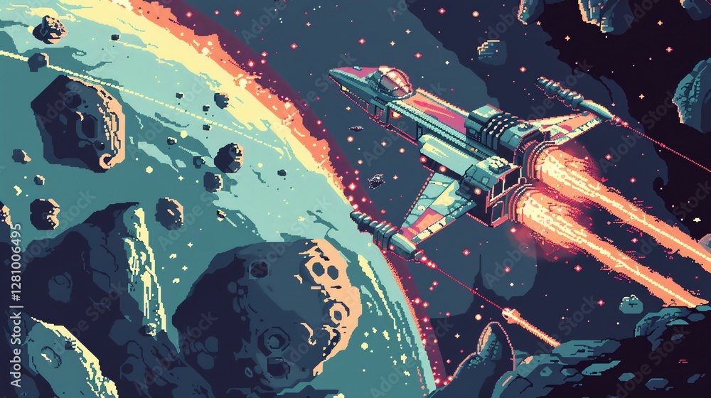 Poster a pixel art illustration of a spaceship flying through an asteroid field.