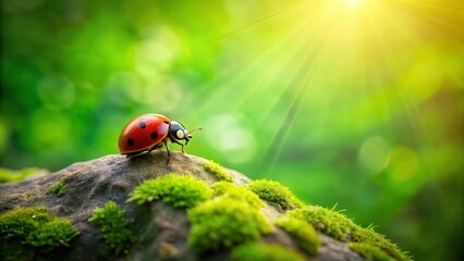 Naklejka premium A ladybug ascends a moss-covered rock bathed in sunlight, a symbol of nature's resilience and the beauty of small things in a vibrant green ecosystem