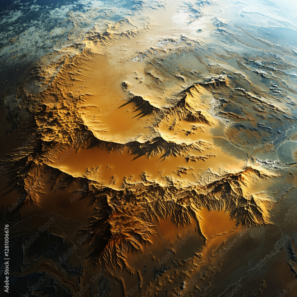 Poster an aerial view of a desert landscape with a large crater in the middle. the top of the image is fill