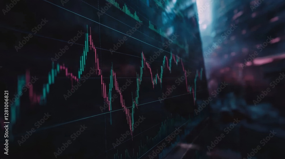 Poster in perspective, a monitor screen displays digital analytics data visualization and a financial sched