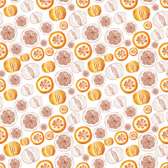 Watercolor seamless pattern of ripe fruits, sprigs and slices of tangerine and orange