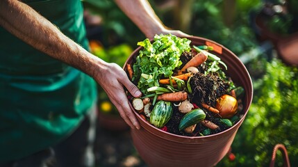 Hands Holding Bowl of Organic Food Waste for Composting Initiative