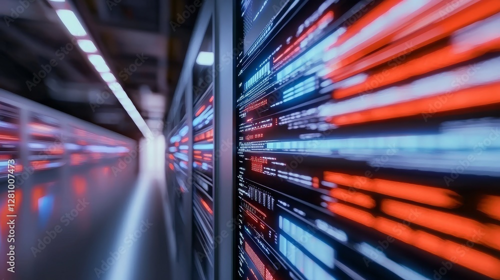 Poster a data center is showcased with numerous rows of server racks in full operation, highlighting modern