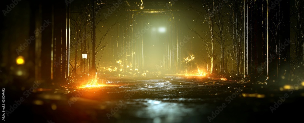 Poster the scene is set in a spaceship, with a 3d rendering of an empty, dark corridor featuring red lighti