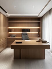 Luxurious and stylish office interior with wooden accents and furnishings