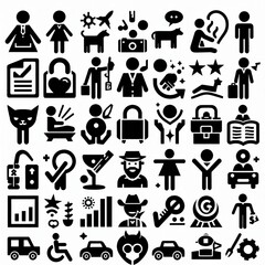 series of simple black-and-white clipart figures arranged in two rows, each with four distinct categories.
